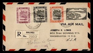 DR WHO 1949 BRUNEI REGISTERED AIRMAIL TO USA R78715