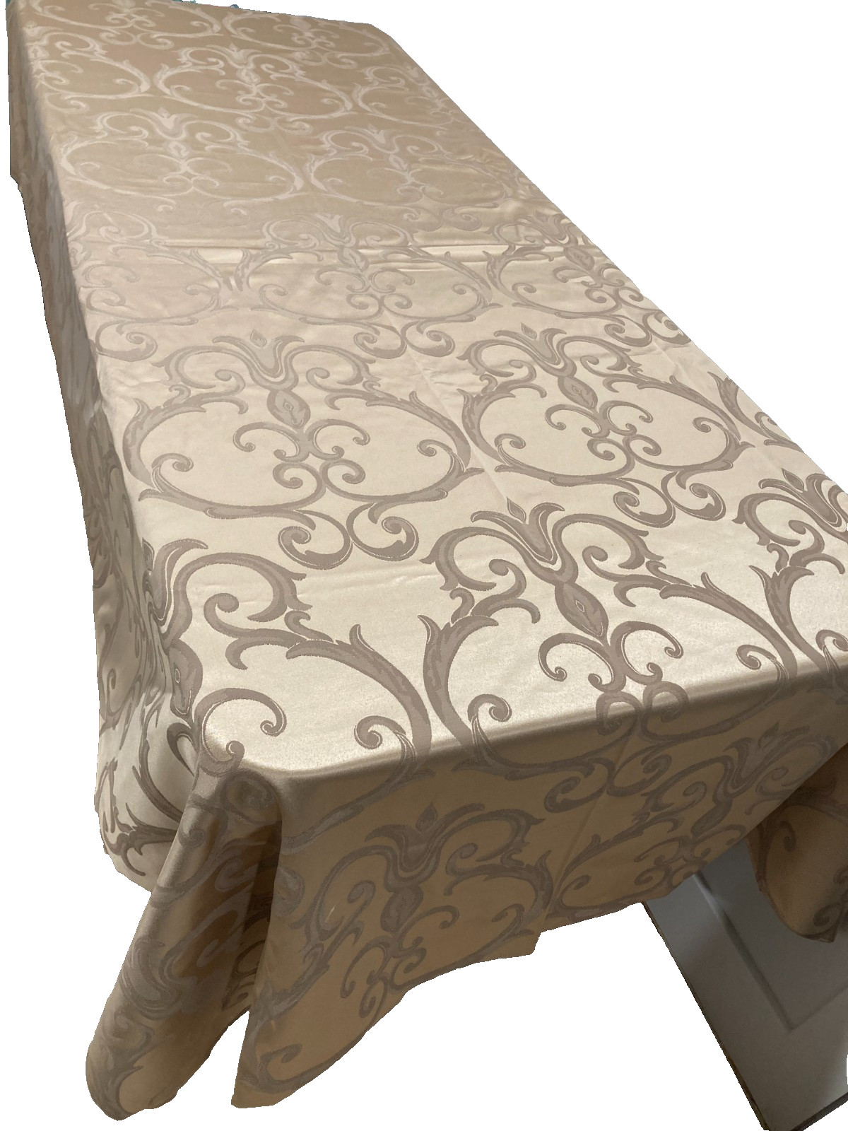 Banquet Length 56" x 186" Damask Tablecloth in Gold Satin Finish