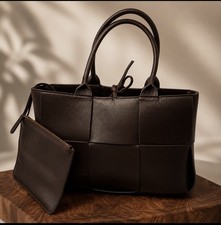 J. McLaughlin Woven Leather Weave Tote Bag Satche Espresso Brown Handbag