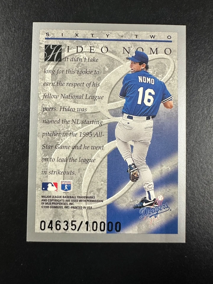 Карта новичка 1995 Donruss Elite Series Hideo Nomo No62 пронумерованная 04635/10 000 - Изображение 2 из 3