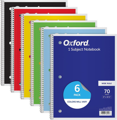 Spiral Notebook, 6 Pack, 1 Subject, Wide Ruled Paper, Notebooks