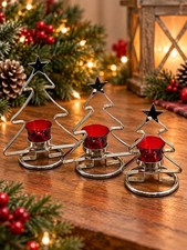 Silver Christmas Tree Votive Candle Holders Set Of 3 With Red Glass Cups