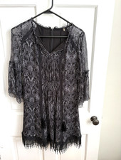 100% Silk Black Lace Dress With Fringe Elie Tahari Size 8 Gothic Paisley