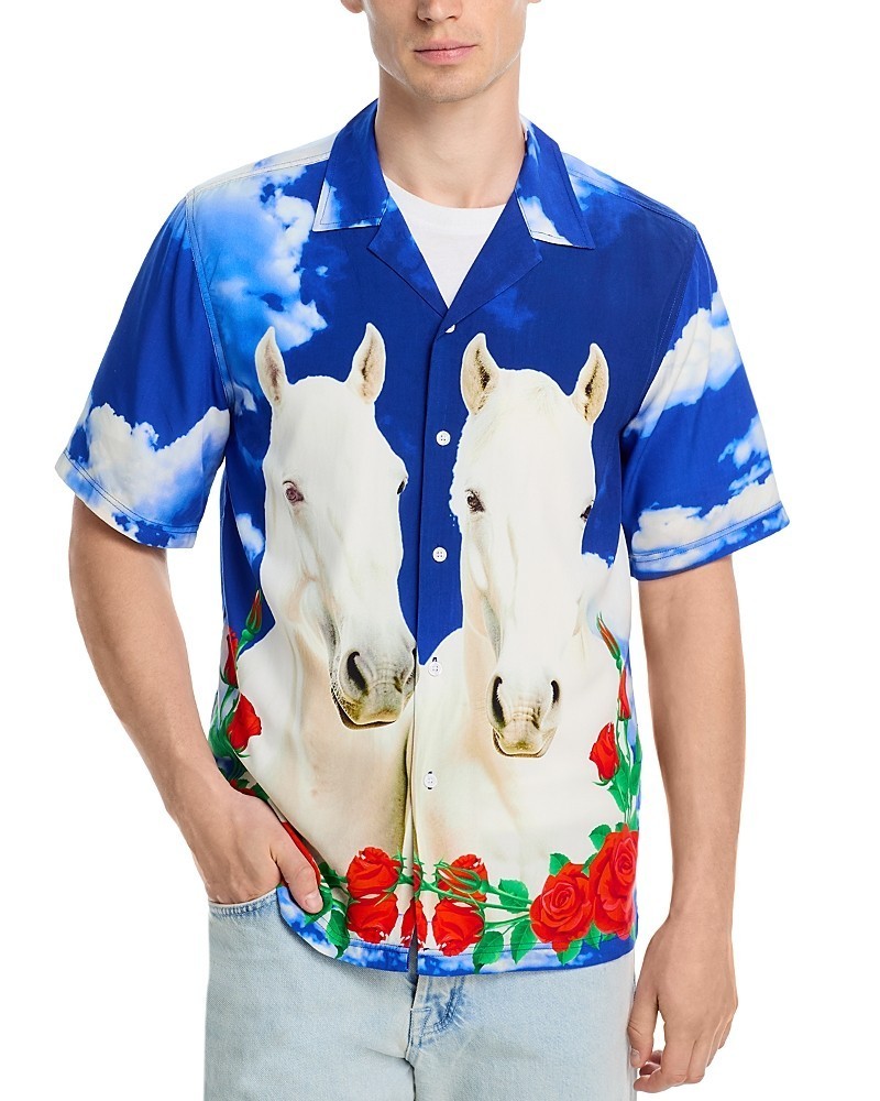 Pleasures White Horse Regular Fit Printed Camp Shirt Mens L Blue Button Closure