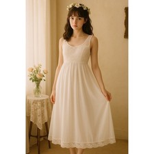 Shadowline White Lace Nylon Long Nightgown Size M Sheer Overlay Romantic Bridal
