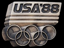 JK25159 REALLY NICE VINTAGE  1988 USA OLYMPICS BADGE  BRASSTONE BELT BUCKLE