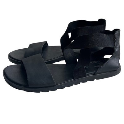 Sorel Ella II Flat Sandals Black Leather Elastic Cross-Strap women's Sz 8 Travel