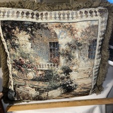 Tapestry Throw Pillow Rectangle French Country Scene Back 12 X12" Fringe