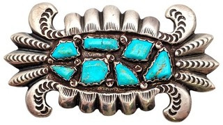 925 Sterling Silver Western Belt Buckle With Seven Blue Turquoise Stone Details