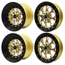 VMS Racing Rear & Front Black Lip Gold Revolver Wheels 15x3.5 & 13x8 4X114.3 +20