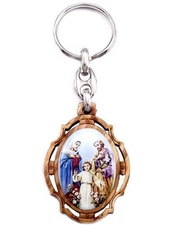 NEW MADE IN ITALY HOLY FAMILY FULL COLOR OLIVE WOOD & METAL KEYCHAIN 