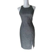 Banana Republic Size 2 High Neck Grey Plaid Dress w/ Split Front