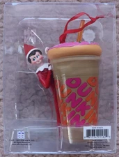 NEW DUNKIN DONUTS ELF ON THE SHELF BOY WITH ICE COFFEE XMAS ORNAMENT