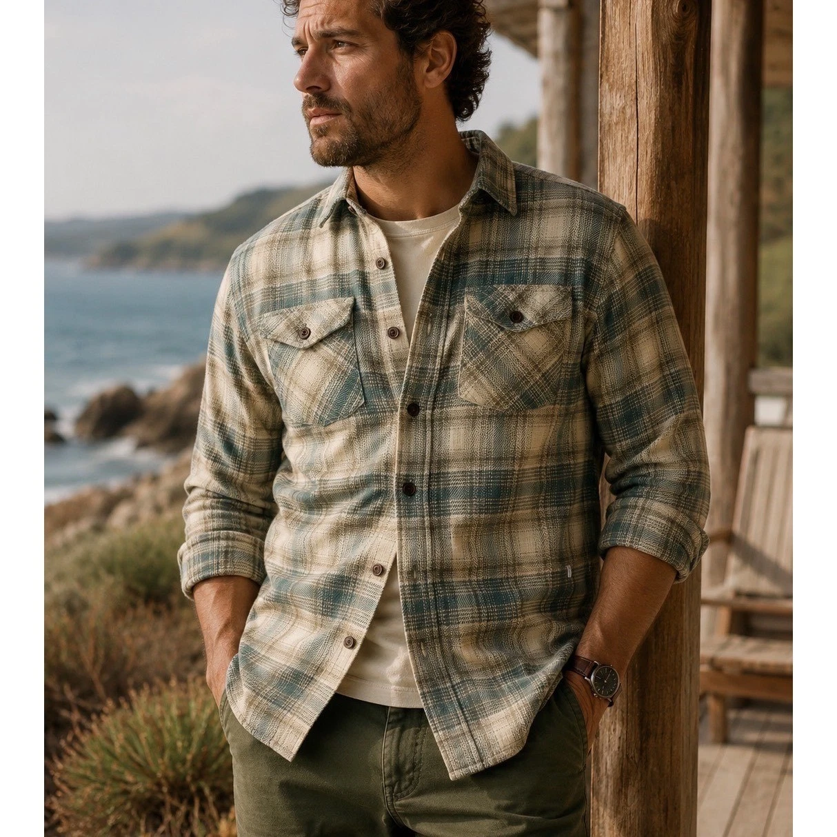 Katin Sierra Flannel Shirt Mens MD Atlantic Green Plaid Long Sleeve Button Down
