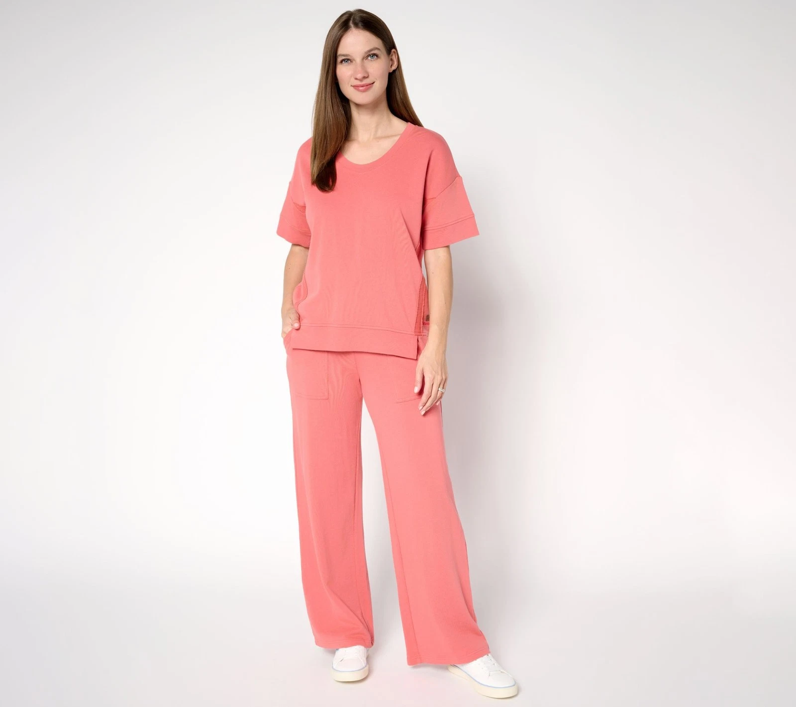 Peace Love World Women's Petite Set PL French Terry Pullover Pant Pink A692008