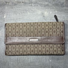 Fossil Trifold Checkbook Wallet Brown Logo Canvas Leather Trim 7x4 in