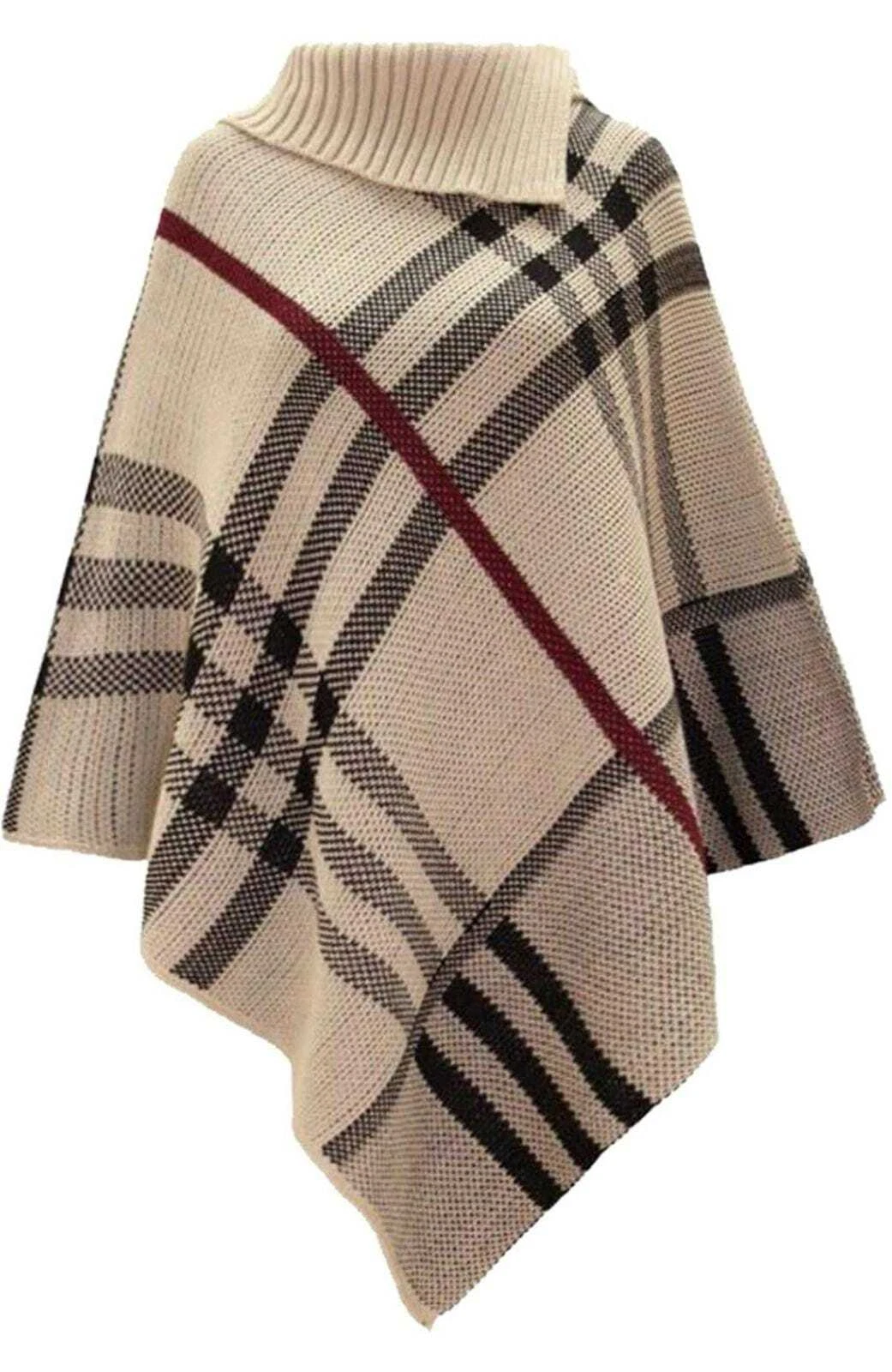 Ladies Womens High Neck Poncho Tartan Check Knitted Winter Shawl Jumper Cardigan