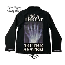 Pleasures “IM A THREAT TO THE SYSTEM” Coaches Jacket Black Graphic Streetwear