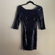 Lulus Women XS Navy Blue Sequin Scoop Back 3/4 Sleeve Delightful Ways Mini Dress