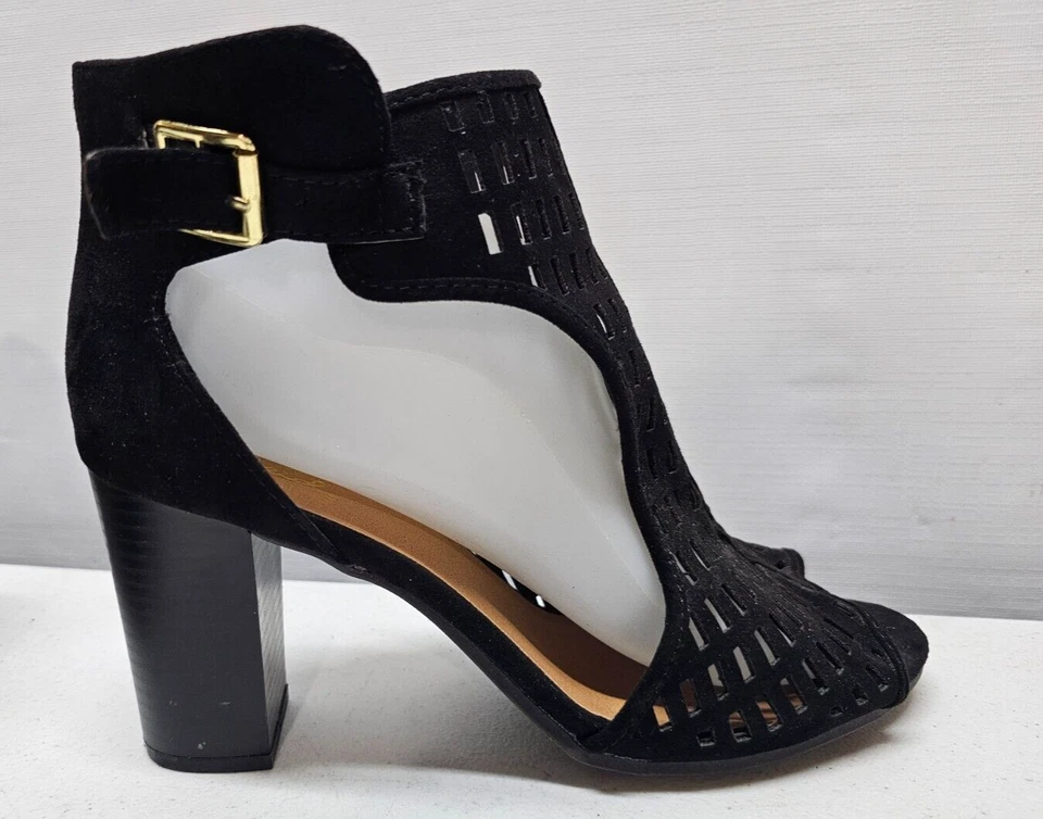 Sapatos femininos Qupid tamanho 8.5 malha perfurada camurça preta salto bloco 3.5" - Imagem 3 de 4