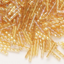Bugle Bead, AB Rainbow Gold Spiral 12mm Twist Glass Tube 50 Grams 500