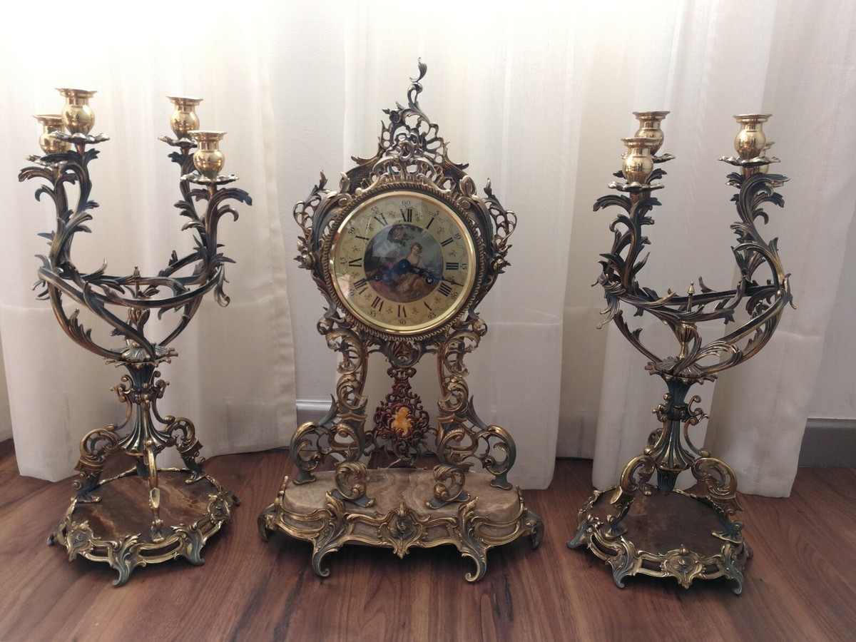 ANTIQUE LAFUENTE BRONZE TABLE CLOCK SET WITH CHANDELIERS TRIM | eBay
