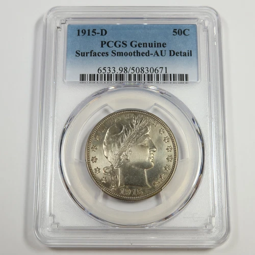 1915 D PCGS AU Detail - Silver Barber Half Dollar 50c US Coin #52375A