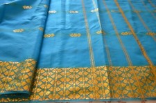 BEAUTIFUL VINTAGE 70's INDIAN SURY SOFT FABRIC TURQUOISE COLOR AND GOLD DESIGN