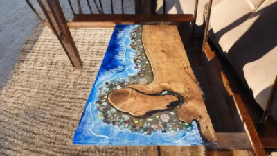 Custom Ocean Wave Blue Epoxy Resin Dining Table Handmade Kitchen Slab Countertop