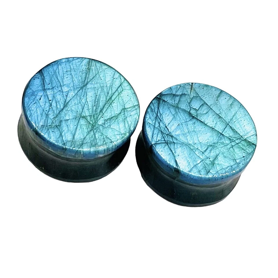 Par de tapones de carne azul cielo labradorita natural, hechos a mano tamaño 3 mm a 50 mm Foto 2 de 4