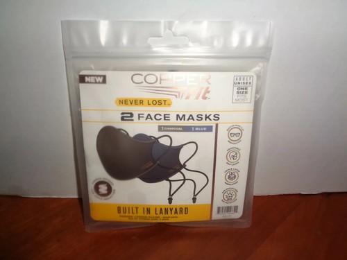 Copper Fit Never Lost Face Masks w/Lanyard 1 Blue & 1 Charcoal/Black New 2 Pack - Afbeelding 1 van 2