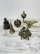 VINTAGE BRASS INCENSE BURNERS Peacock Spice Buddhist Alladin Stars Globe Lot