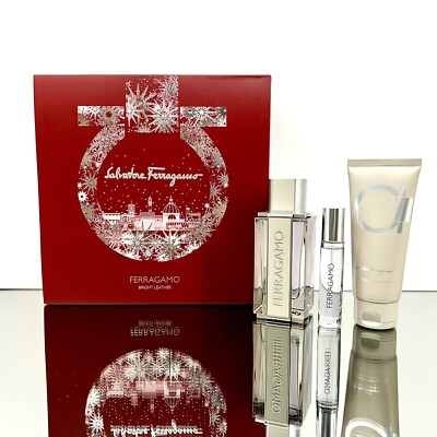クリスマス　Ferragamo2017コフレ FERRAGAMO BRIGHT LEATHER 3pc Men Set 3.4oz EDT Spr +3.4oz S/Gel +