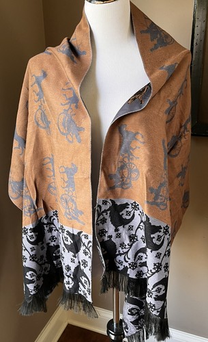 KHAISILK PREMIER BLACK, GRAY & TAN REVERSIBLE EQUESTRIAN SCARF w/FRINGE NWT - Picture 5 of 7