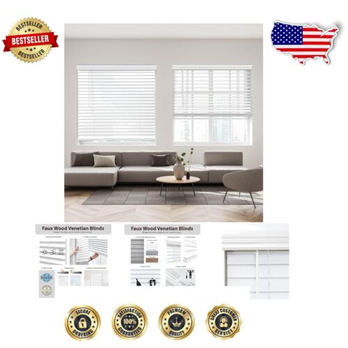 Elegant Cordless 2-Inch Faux Wood Blinds 26"W x 48"H, White - Child Safe Design