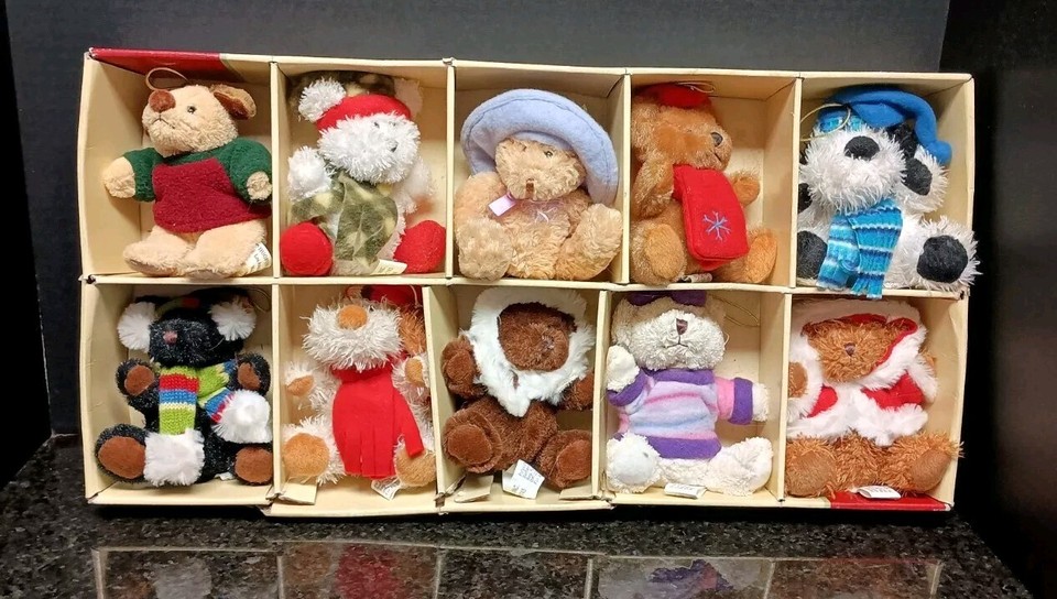 Set Of 10 Best Dressed Plush Animals Decorative Ornament Bears Holiday