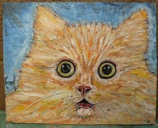 MEOW CAT  orange pet NEW original 8x10 wood oil painting WOW art signed Crowell 