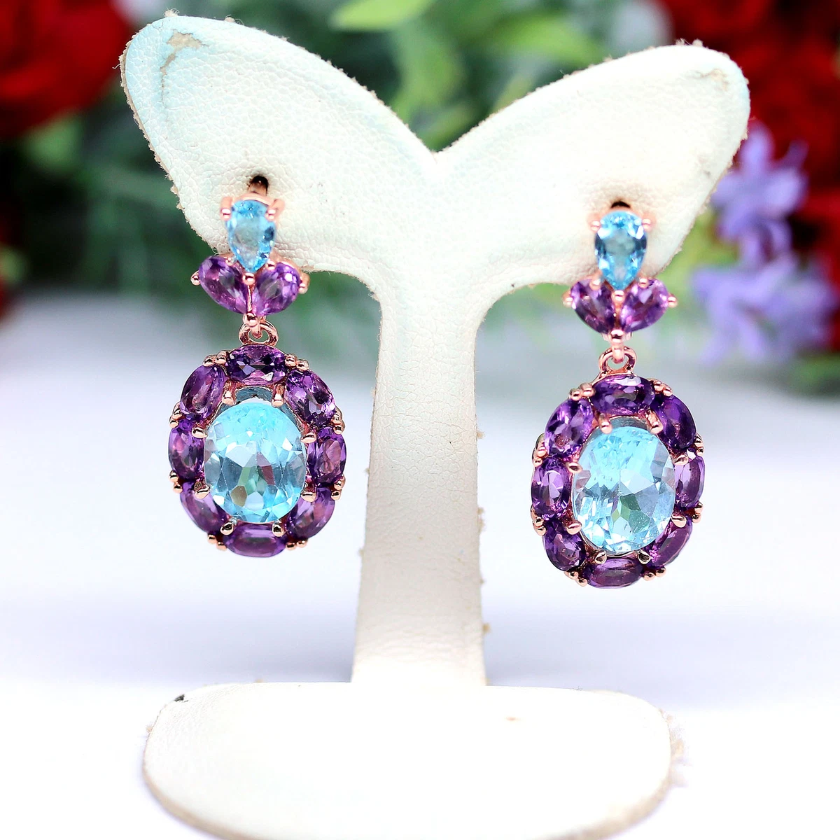 8 X 10 mm. OVAL SKY BLUE TOPAZ & PURPLE AMETHYST EARRINGS 925