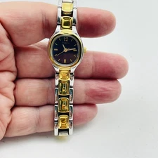 TIMEX Womens Two Tone Stainless Steel Watch Gold Accent Bracelet Black
