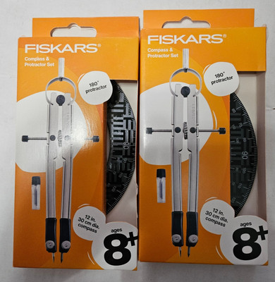 2 - Fiskars Metal Protractor & Compass Set Gray 12'' 180° with Lead Refills NEW