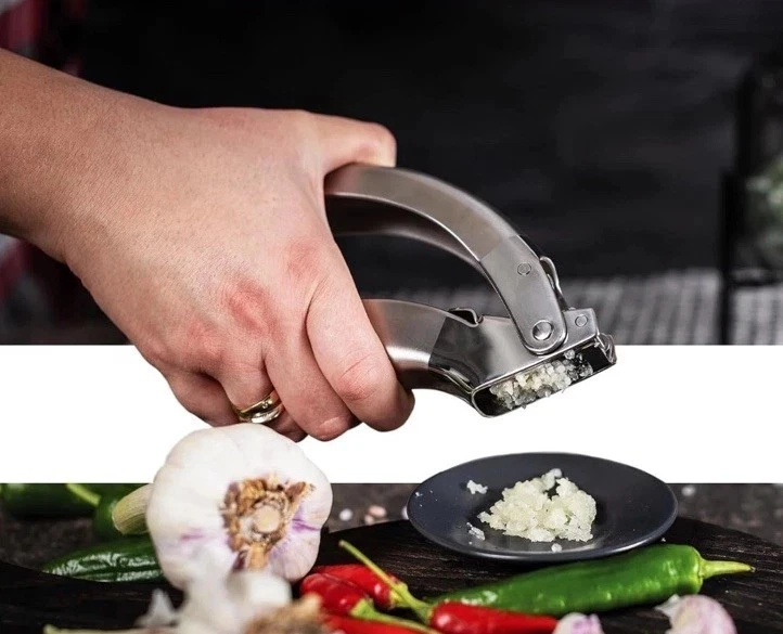 Prensa de ajo epicúreo, acero inoxidable, 6,5 x 1 x 1,5 pulgadas, plateada Foto 2 de 4