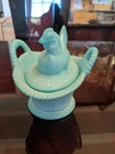 Vintage Westmoreland Blue Milk Glass Hen on Nesting Basket with Handles (RARE)