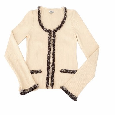 Vintage 90s Y2K Cache Cream Ribbed Fringe Cardigan Women s Medium Open Front