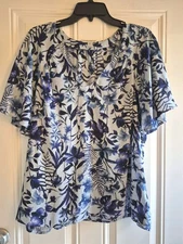 COUNTERPARTS Blouse - XL - V-Neck, Short Flutter Slvs, Moderate Hi/Lo Hem
