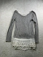Jolt Sweater Womens Small Gray Striped Long Sleeve Lace Trim Crochet Boho Top