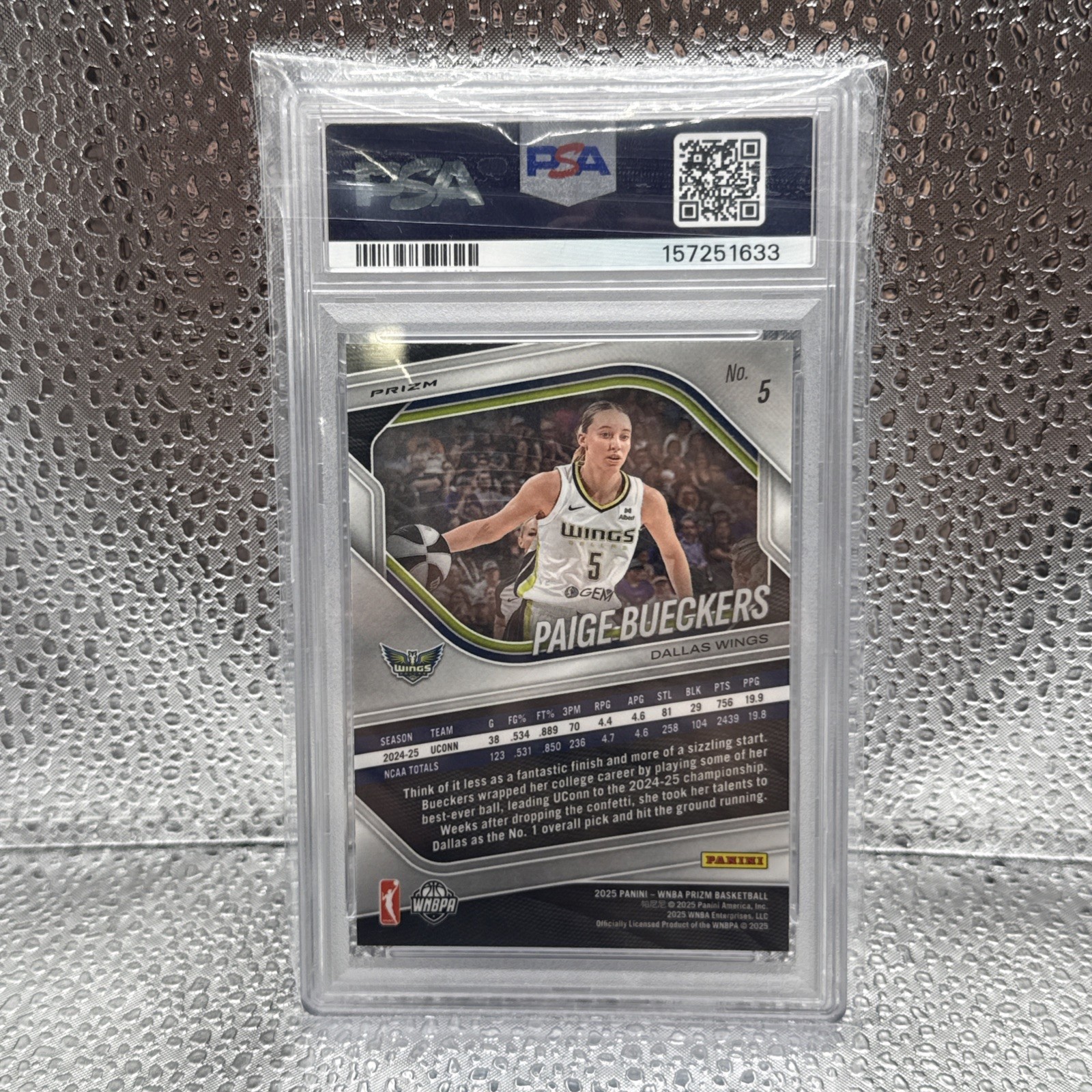 2025 Panini WNBA Prizm Paige Bueckers RC Blue Velocity PSA 10 view 2