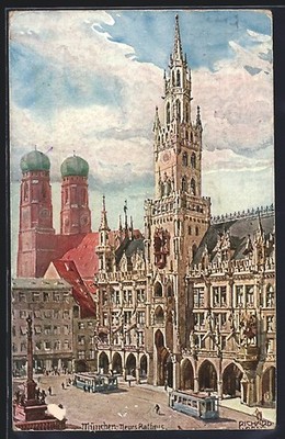 Künstler-AK Richard Wagner: München, Neues Rathaus m. Straßenbahnen 