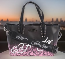 ED HARDY Black w/Pink Skulls Logo Tote Crossbody Bag Tattoo Y2K  NWT