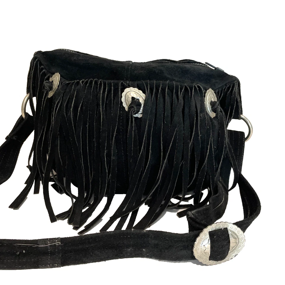 Vintage Native American Suede Leather Bag Crossbody Black Fringe Conch Boho - Image 2 of 4