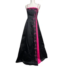 Y2K Morgan & Co Black Pink Embroidered Satin Prom Dress 2000s Formal Gown Dress
